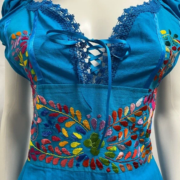Vintage Peasant Embroidered Blue Cotton Casual Day Festival Boho Dress Small